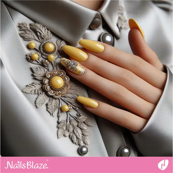 Long Butter Yellow Nails and Embellished Accent | Spring Nails - NB3942